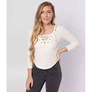 Free People White Ribbed Lace Up Long Sleeve Top Shirt Metal Eyelets M